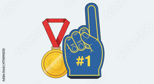 Gold medal and a blue foam finger number one, signifying achievement and victory.