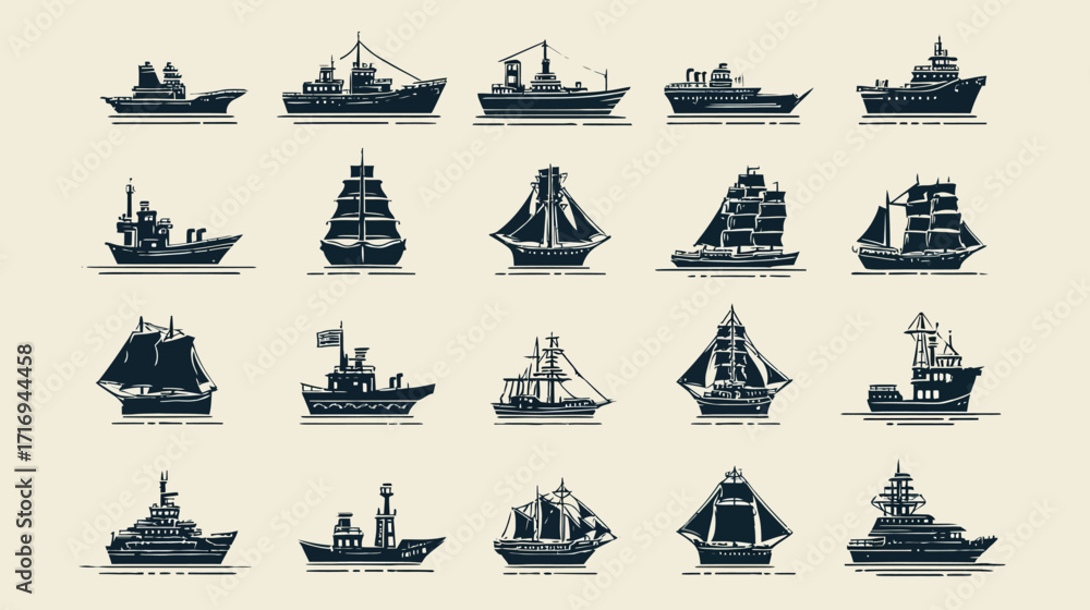 Obraz premium Collection of various ship silhouettes.