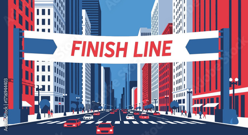 Urban cityscape with a finish line banner spanning a city street, signifying a race or competition.