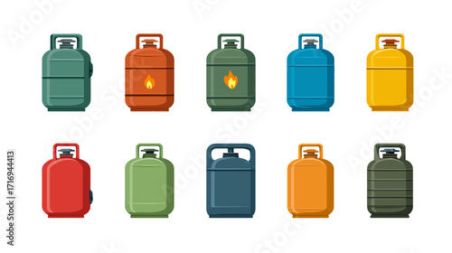 Collection of various colored propane gas tanks.