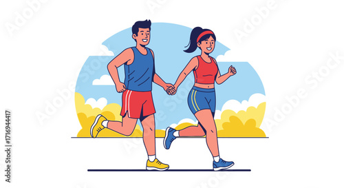 A cartoon illustration of a happy couple jogging together outdoors.