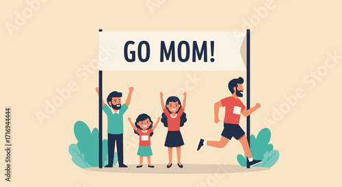 A supportive family, including a dad and two children, enthusiastically cheers for a runner under a "GO MOM!" banner.