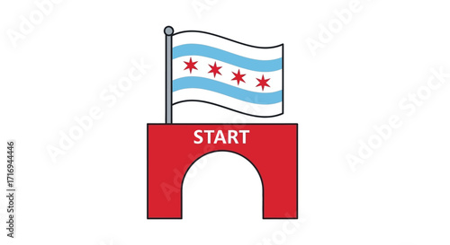 Stylized illustration of a red archway with a Chicago flag waving above the "START" text.