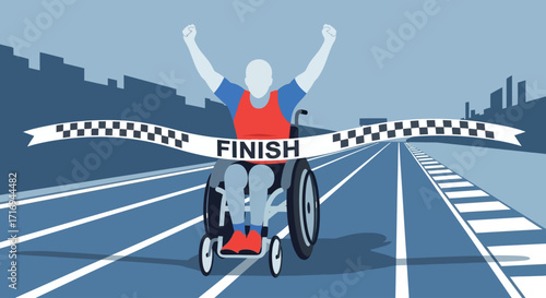 A wheelchair athlete celebrates victory, crossing the finish line with arms raised high.