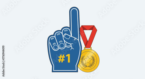 A blue foam finger displaying the number one, next to a gold medal with a red ribbon.