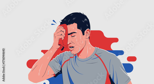 Sweaty man wipes brow after intense workout, feeling exhausted.