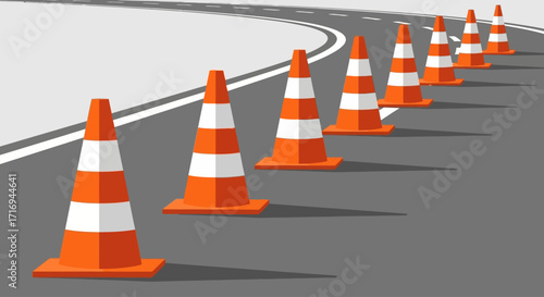 Orange and white traffic cones line a curved road, indicating construction or a detour.