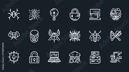 Cybersecurity icons set - virus, hacking, malware, protection, security.