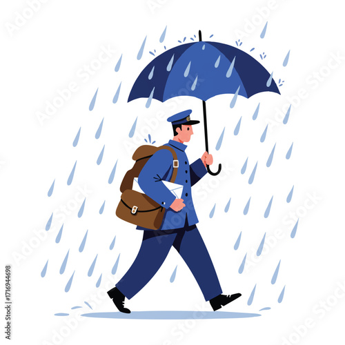 A determined postman walks through light rain, holding an umbrella and satchel of letters; vibrant flat 2D vector illustration with raindrops and a white background.