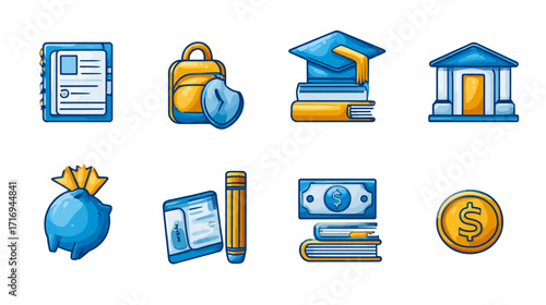 Education icons - books, money, bag, graduation cap, bank, piggy bank, pencil.