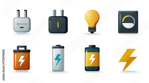 Electricity power energy icons plugs battery lightning.