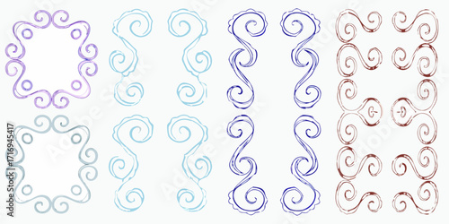 Collection of decorative hand drawn swirls and frames in purple blue and brown colors