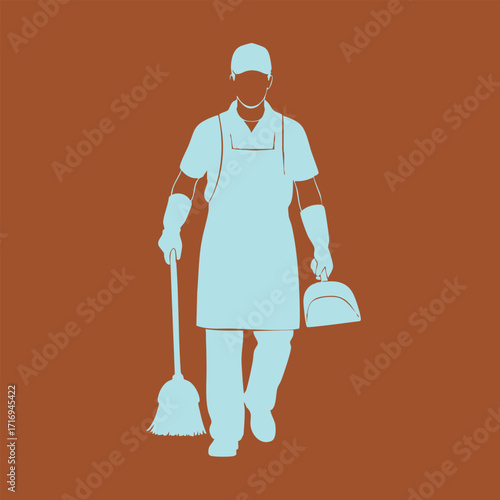 Silhouette illustration of a janitor wearing gloves and apron holding a broom and dustpan on brown background
