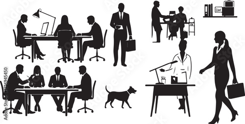 Business people silhouettes meeting working dog