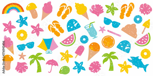 Colorful summer vacation icons collection featuring ice cream cones sunglasses and tropical elements