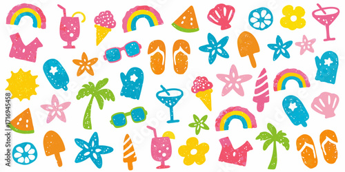 Vibrant collection of colorful summer vacation icons and symbols on white background