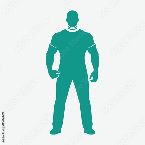 Silhouette of a muscular man standing confidently with hands on hips against a plain background