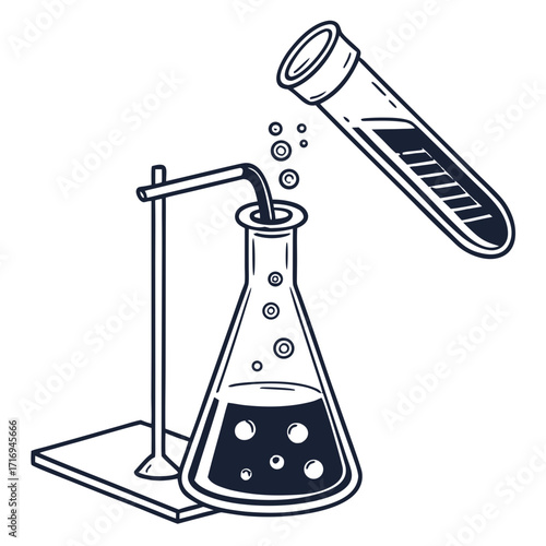 Dynamic science experiment with bubbling flask and pouring test tube, sparking discovery and innovation in research labs