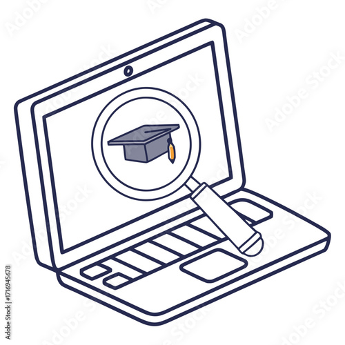 Discover academic excellence online with a magnifying glass highlighting a graduation cap on a laptop screen, symbolizing research and learning.