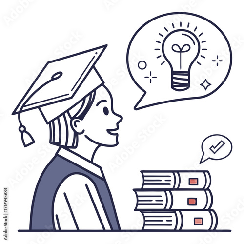 Bright student in cap and gown contemplates innovative ideas emerging from stacked books, celebrating academic achievement and insightful discovery