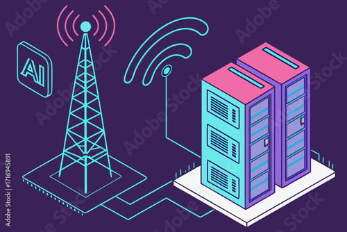 Futuristic AI network illustration with server racks and wireless signal tower.