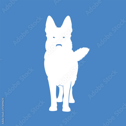 Silhouette of a standing dog with pointed ears and bushy tail on a solid blue background vector illustration