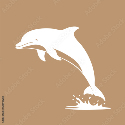 White silhouette of a dolphin jumping out of water with splash on a solid beige background illustration