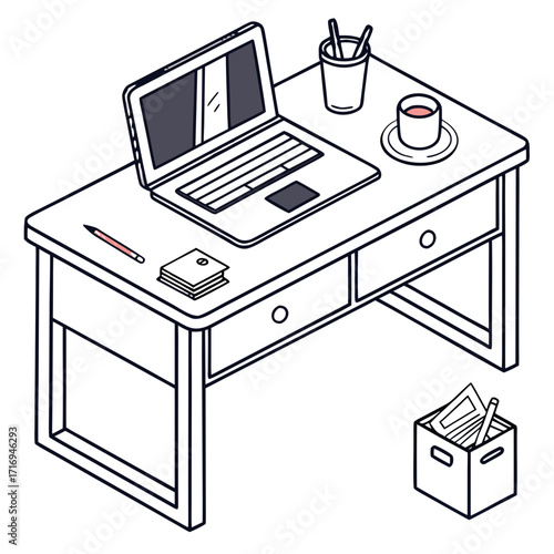 Modern minimalist desk setup with open laptop, coffee cup, stationery, and drawing tools, perfect for creative workspaces or productivity scenes