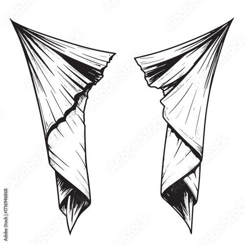 Two stylized draped fabric elements in ink illustration black and white artwork