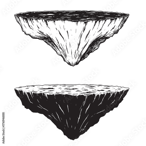 Two stylized floating islands rendered in a bold black and white hand drawn illustration