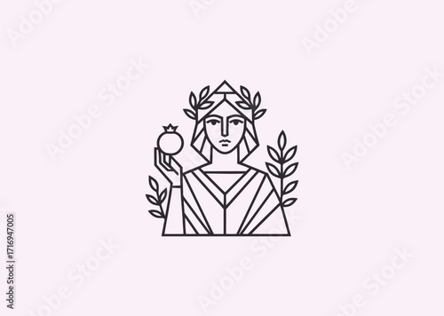A geometric style line art logo of Persephone, symbolizing seasons, rebirth, and duality