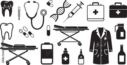 Medical healthcare equipment icons silhouette