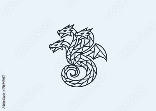 A geometric style line art logo of Typhon the multi-headed dragon, symbolizing chaos, might, and legend
