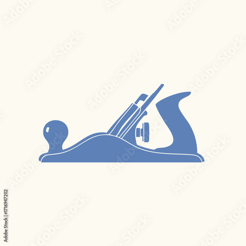Blue silhouette of a traditional woodworking hand plane tool used for smoothing and shaping wood surfaces in carpentry