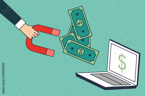 Hand holding magnet attracting dollar bills from laptop screen illustration
