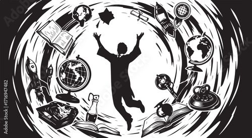 Silhouette person juggling global knowledge