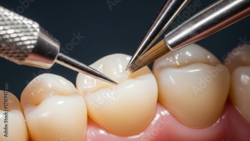 Close-up of dental tools applying composite resin to a tooth.