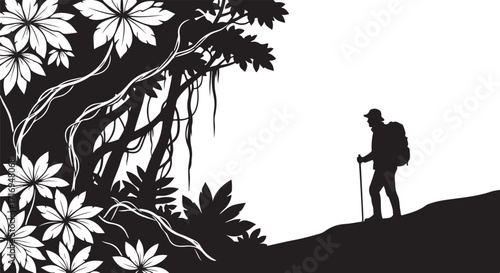 Hiker silhouette in lush jungle setting