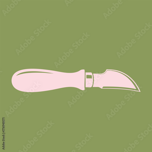 Simple flat design illustration of a curved gardening or pruning knife with a smooth handle on green background