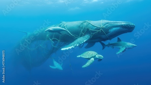 A whale caught in a discarded fishing net with sharks and a turtle swimming nearby.