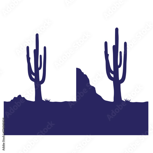 Vector illustration of desert landscape silhouette with two saguaro cacti and rocky terrain