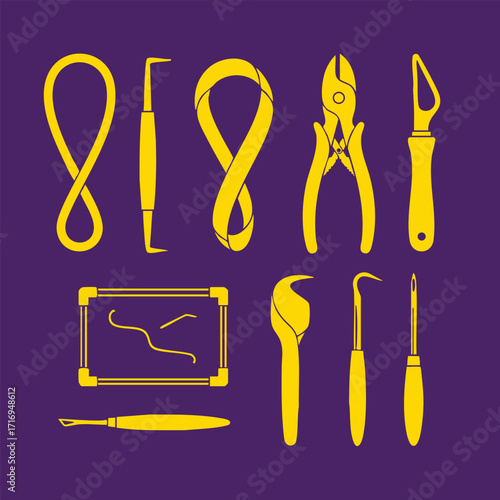 Set of yellow dental tools and instruments icons on purple background for oral care and hygiene concepts