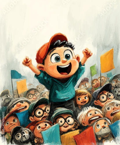 a cheerful cartoon character amongst a crowd of protesters waving flags