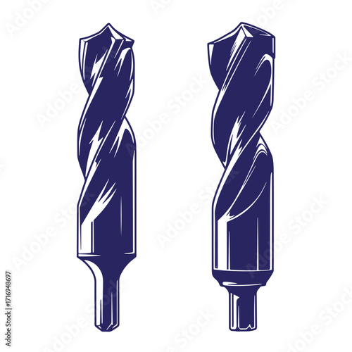 Vector illustration of two detailed drill bits in a dark blue and white color scheme