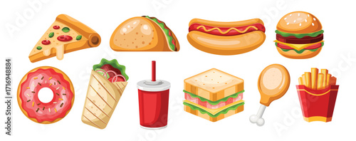 Set of fast food. Hamburger, hot dog, pizza, donut, shawarma, drink, sandwich. Street food restaurant trendy design menu element.