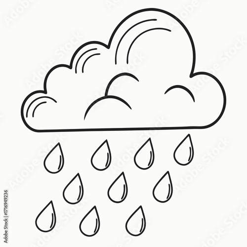 Whimsical black and white outline drawing of a fluffy cloud releasing gentle raindrops, perfect for weather-themed designs, educational illustrations, or children's coloring books
