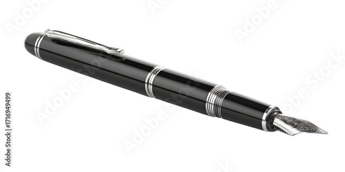 Classic Fountain Pen: A close-up shot of a timeless black fountain pen, symbolizing sophistication and the art of writing. It is ready to elegantly produce written words on any surface.