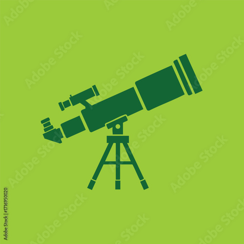 Green silhouette of a telescope on tripod used for astronomical observation against a bright green background