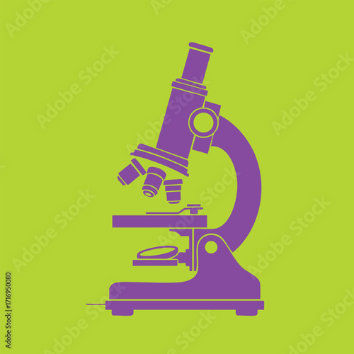 Purple microscope illustration on green background representing scientific research and laboratory analysis concept