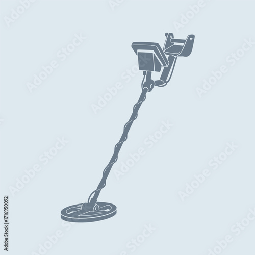 Detailed illustration of a metal detector with a coil and control box used for locating buried metal objects underground